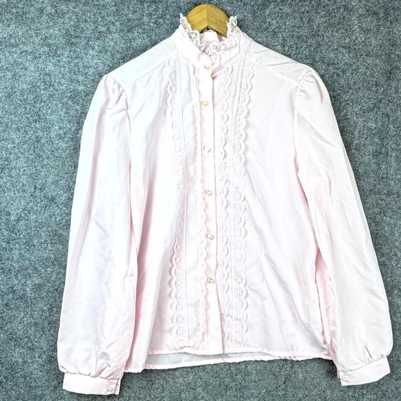 Pat Fashions Tops - Pat Fashions‎ Secretary Blouse Womens Medium Pink Coquette Lace Trim Girly 90s